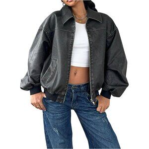 Women Black Faux Leather Jacket Zip Up Oversized Motorcycle Outfits Winter Coats